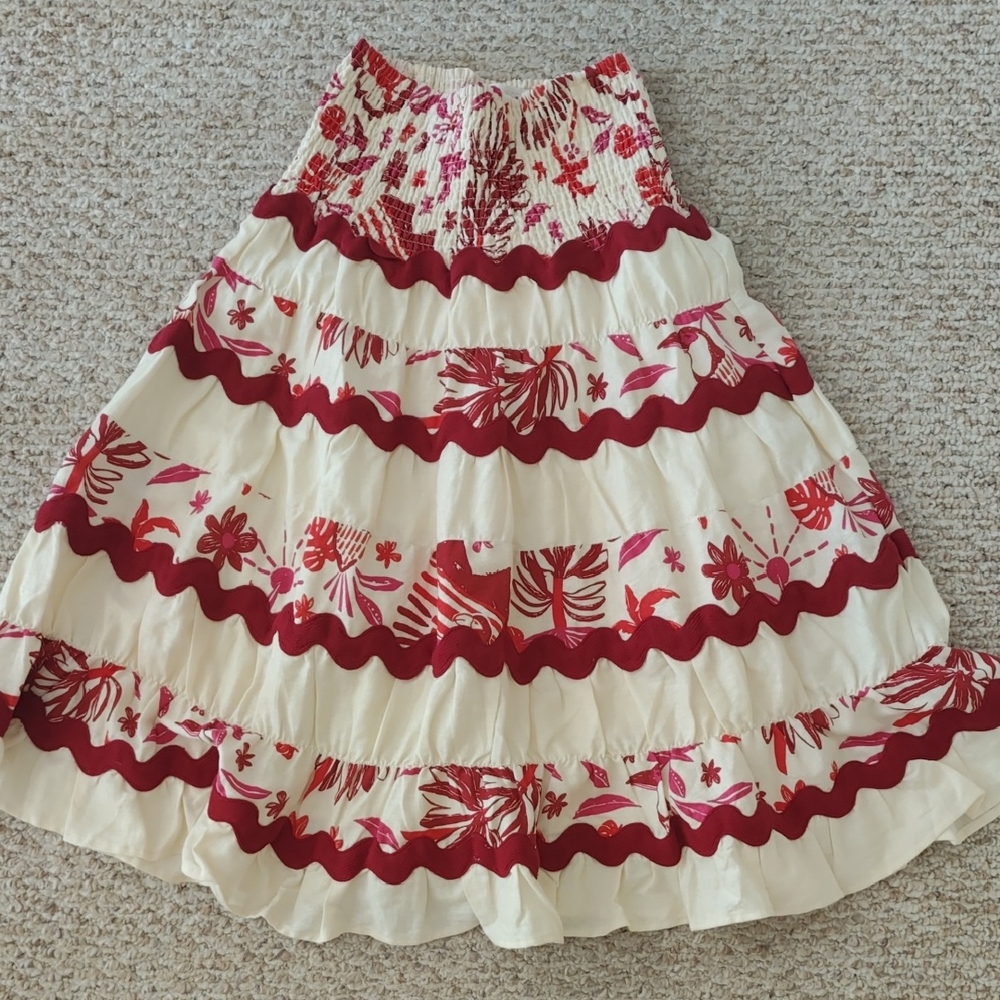 Caroline Constas Red and Cream Floral Midi Skirt